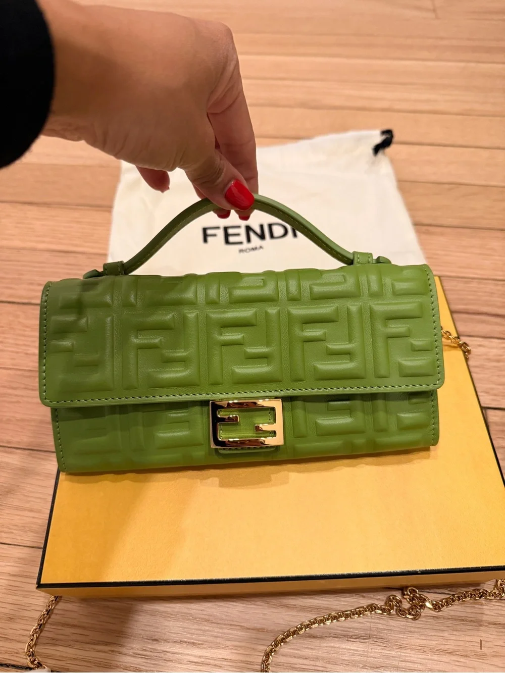 Fendi Lime Green Mini Baguette with Gold Chain - Picture 2 of 6
